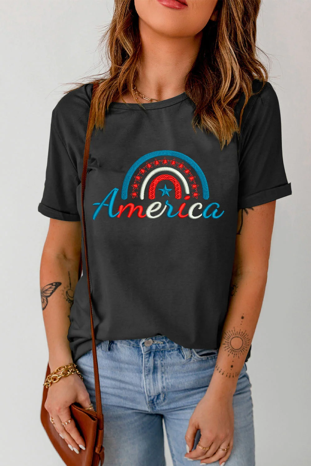 Embroidered Round Neck Cuffed Tee Shirt