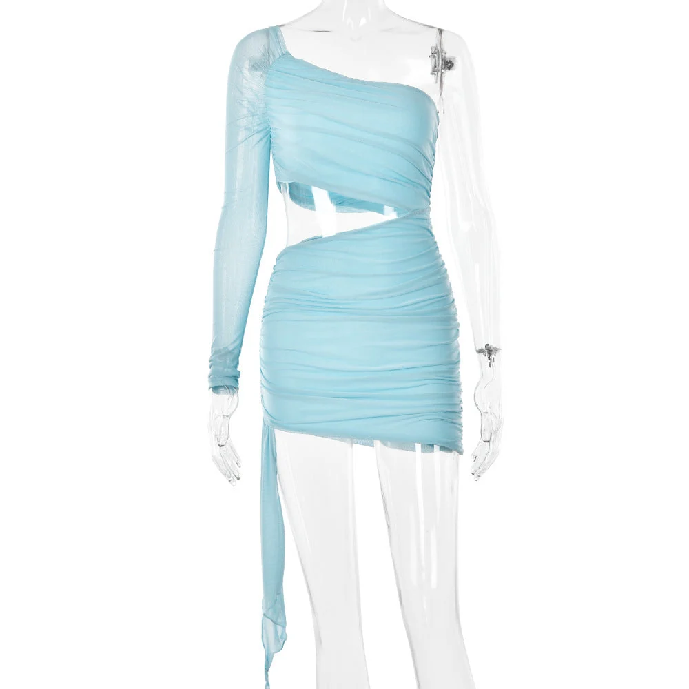 Diagonal Collar Dress Backless Cropped Outfit Shoulder Sleeve
