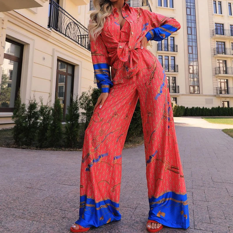 Long Sleeve Shirt Printing Straight Leg Trousers Suit Two Piece Set