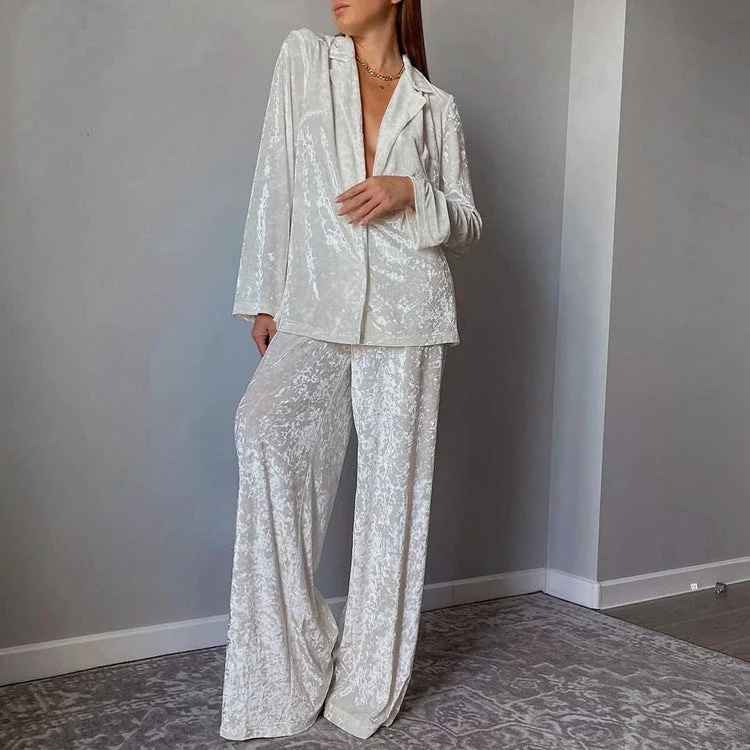 Early Long Sleeve Loose Drooping Top Wide Leg Trousers Homewear Casual Lazy Blazer Suit Set