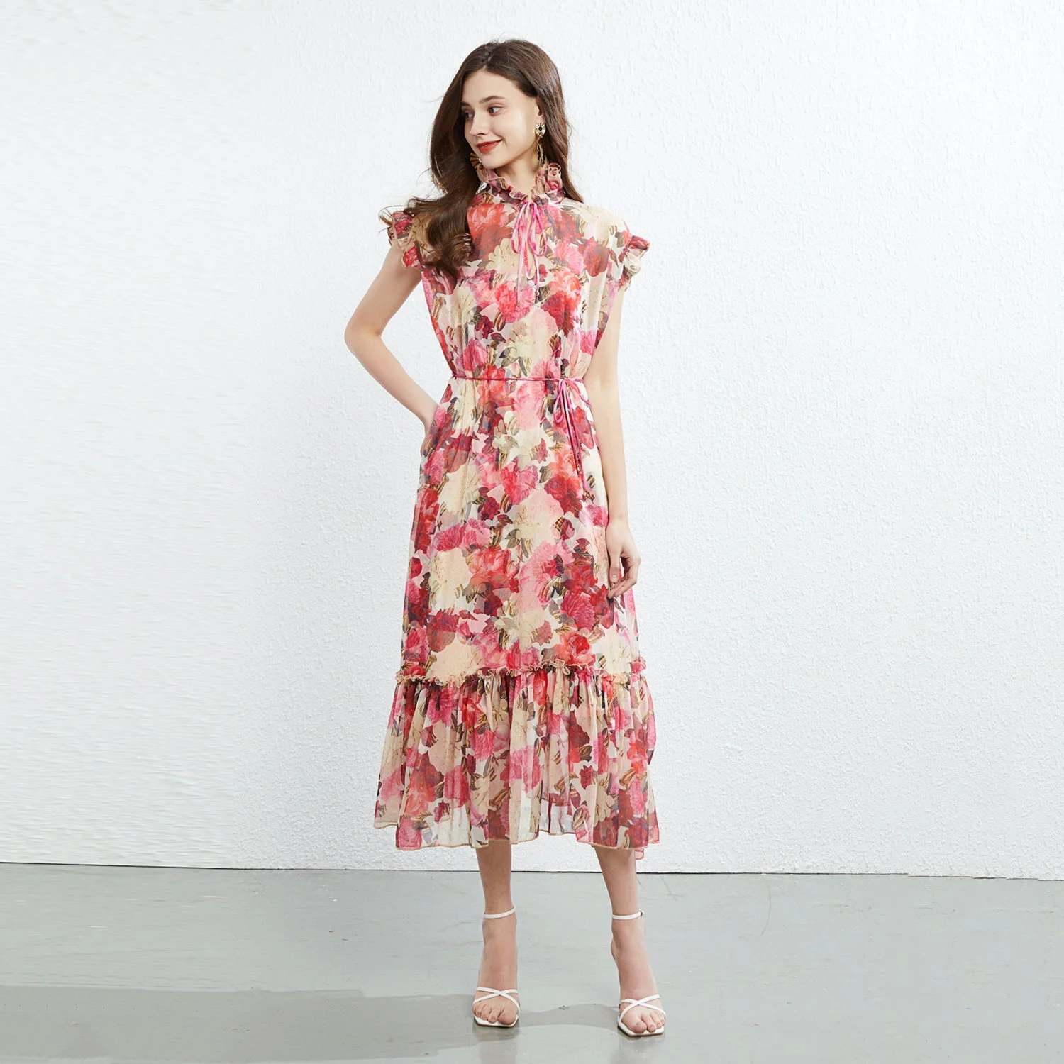 Fungus Lace Collar Sleeveless Dress Two Piece Printed Elegant Silk Crepe Dress