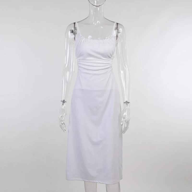 off-Neck Slim Strap Mid-Length Backless Dress