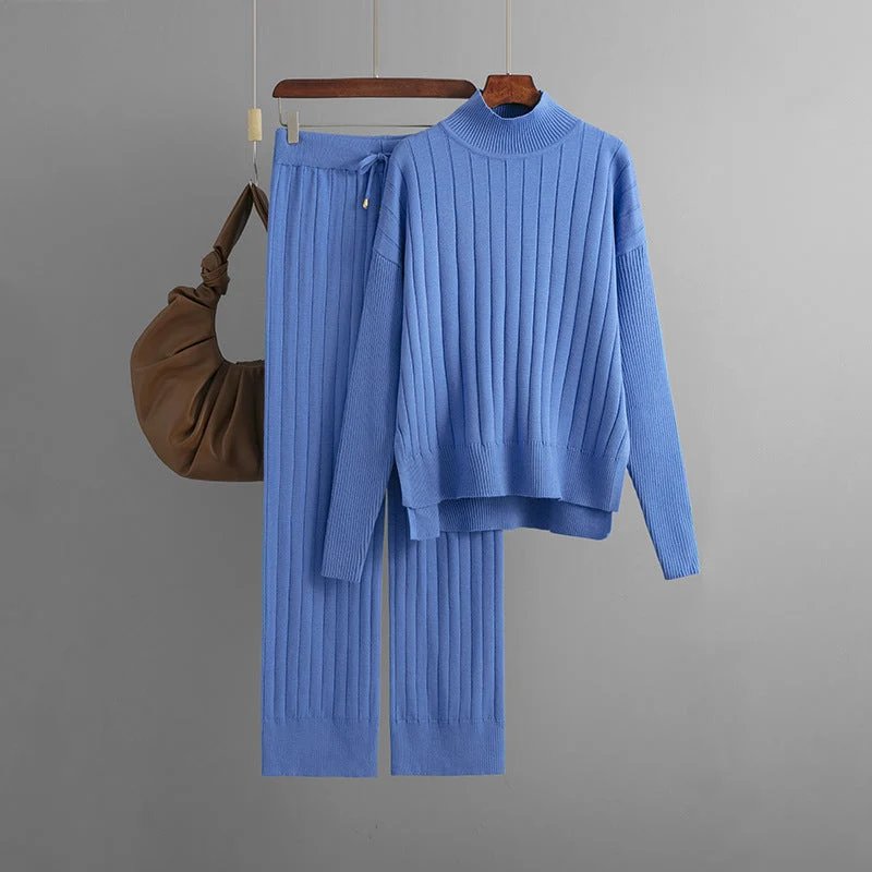 Sunken Stripe Mock Neck Sweater Suit Solid Color Loose Warm Pullover Two Piece Set